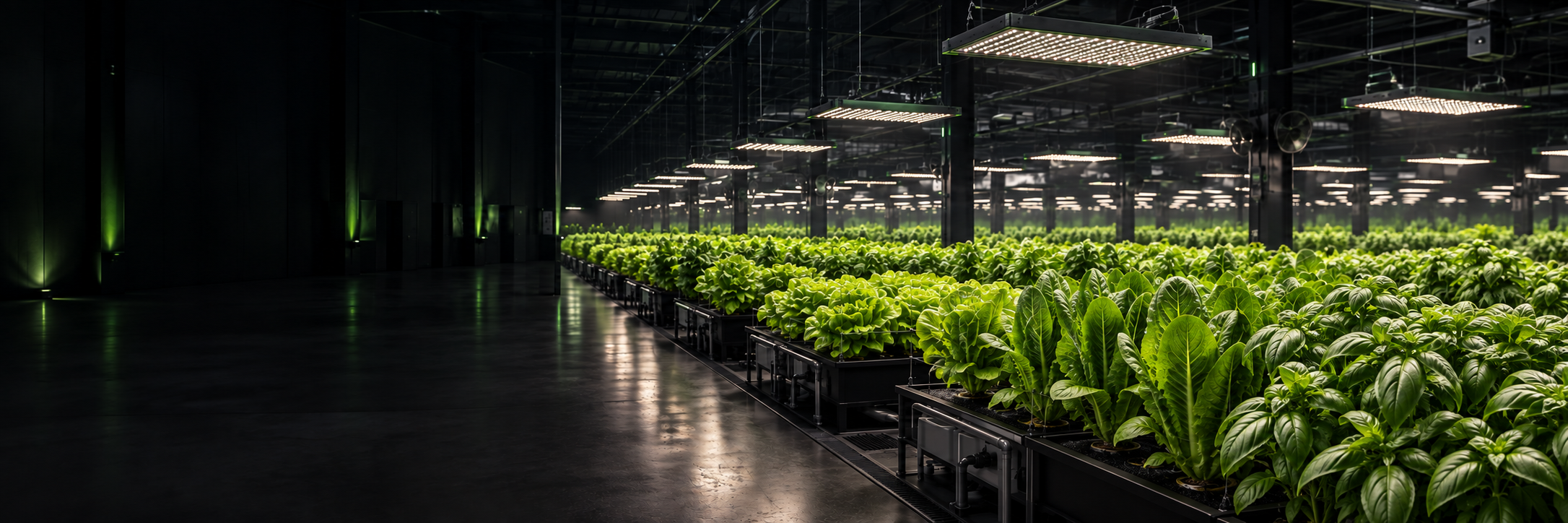 Commercial indoor hydroponic facility growing lettuce and basil beneath LED lights